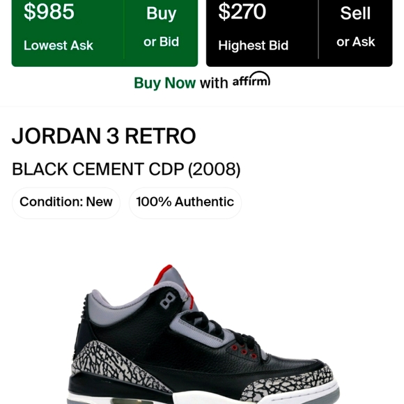 Men's Jordan 3 Retro Black Cement 2008 - Picture 2 of 9